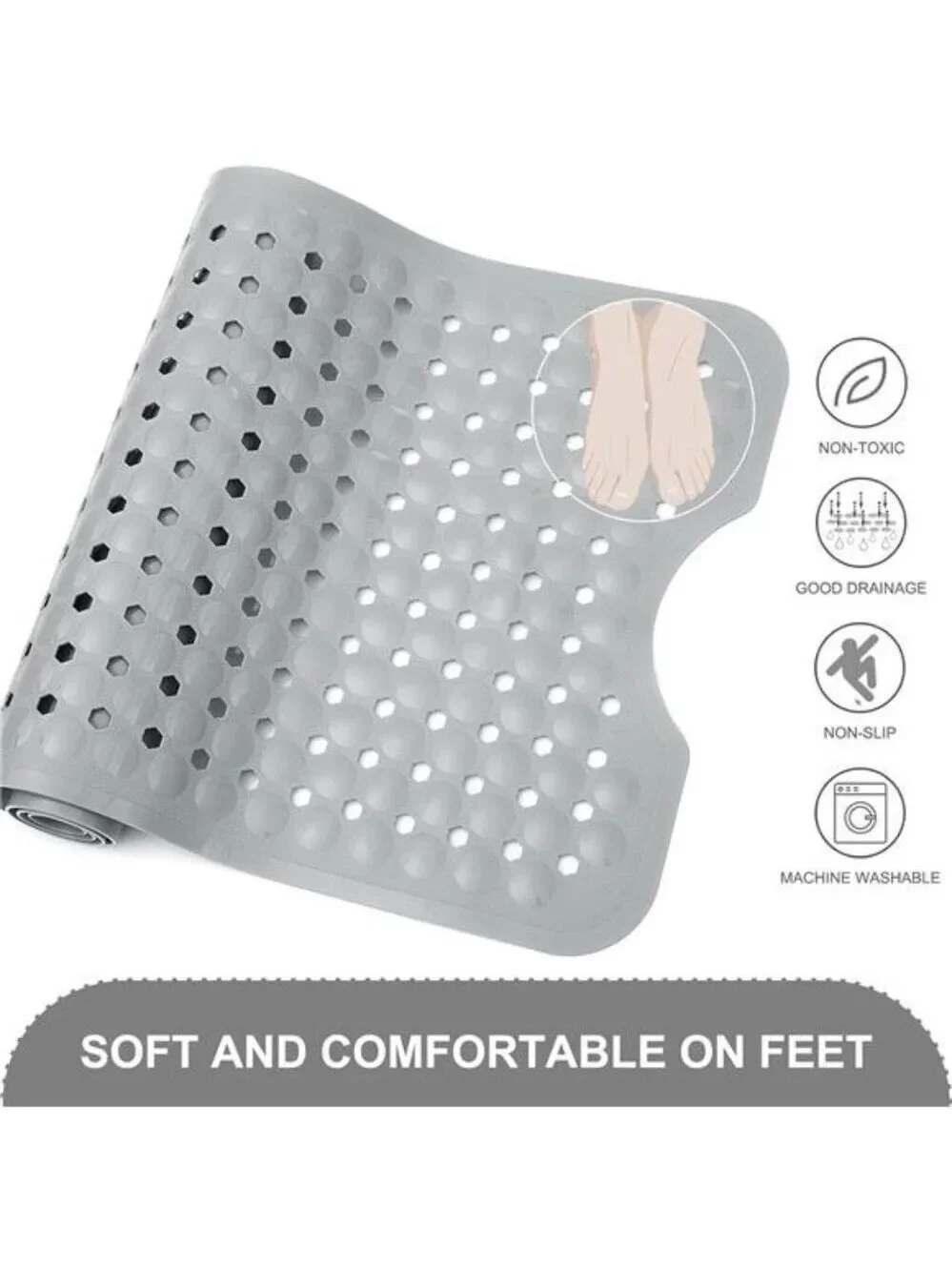 Non Slip Bath Mat Large Bathtub Shower Mat Suction Cups Drain Holes Gray PVC